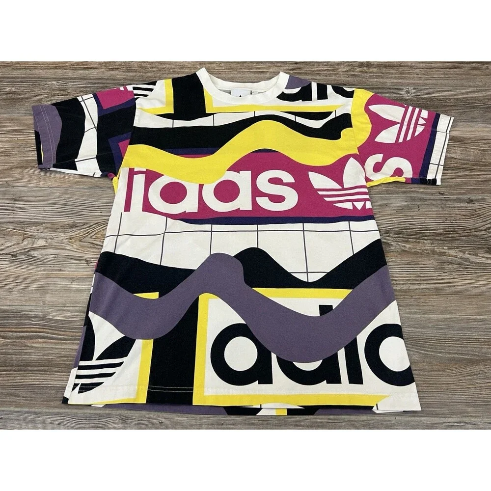 Adidas Originals Mens MED T-Shirt Tee‎ Short Sleeve All Over Print Retro Trefoil